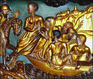 Low relief, in gold-leafed wood, from the altar of the Rosary in the Basilica of Saint Mary Magdalene, depicts Mary Magdalene and her companions being sent off to sea.