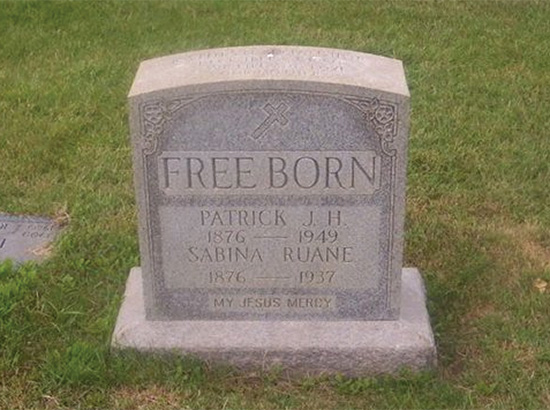 Sabina Ruane's grave with her husband Patrick J. H. Freeborn in Holy Cross Cemetery, Yeadon, Delaware County, Pennsylvania